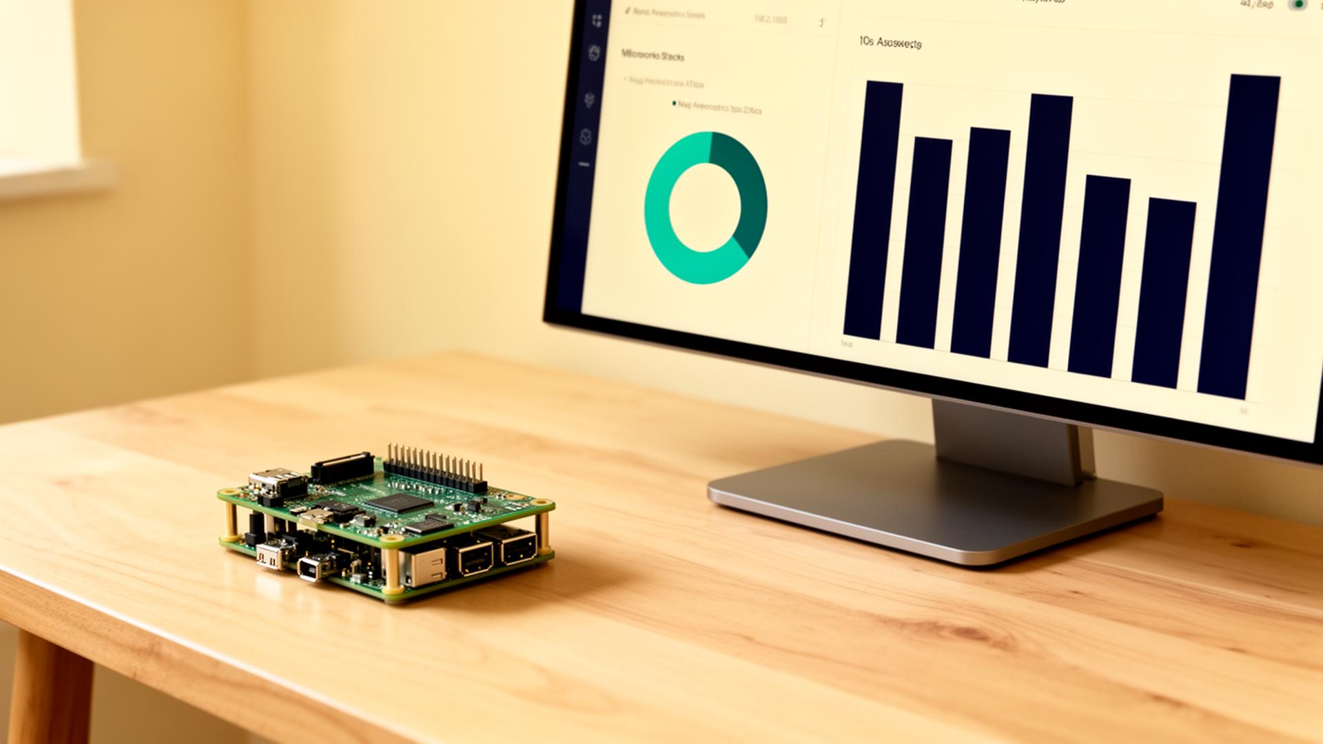 Mini computer next to a monitor showing a network dashboard