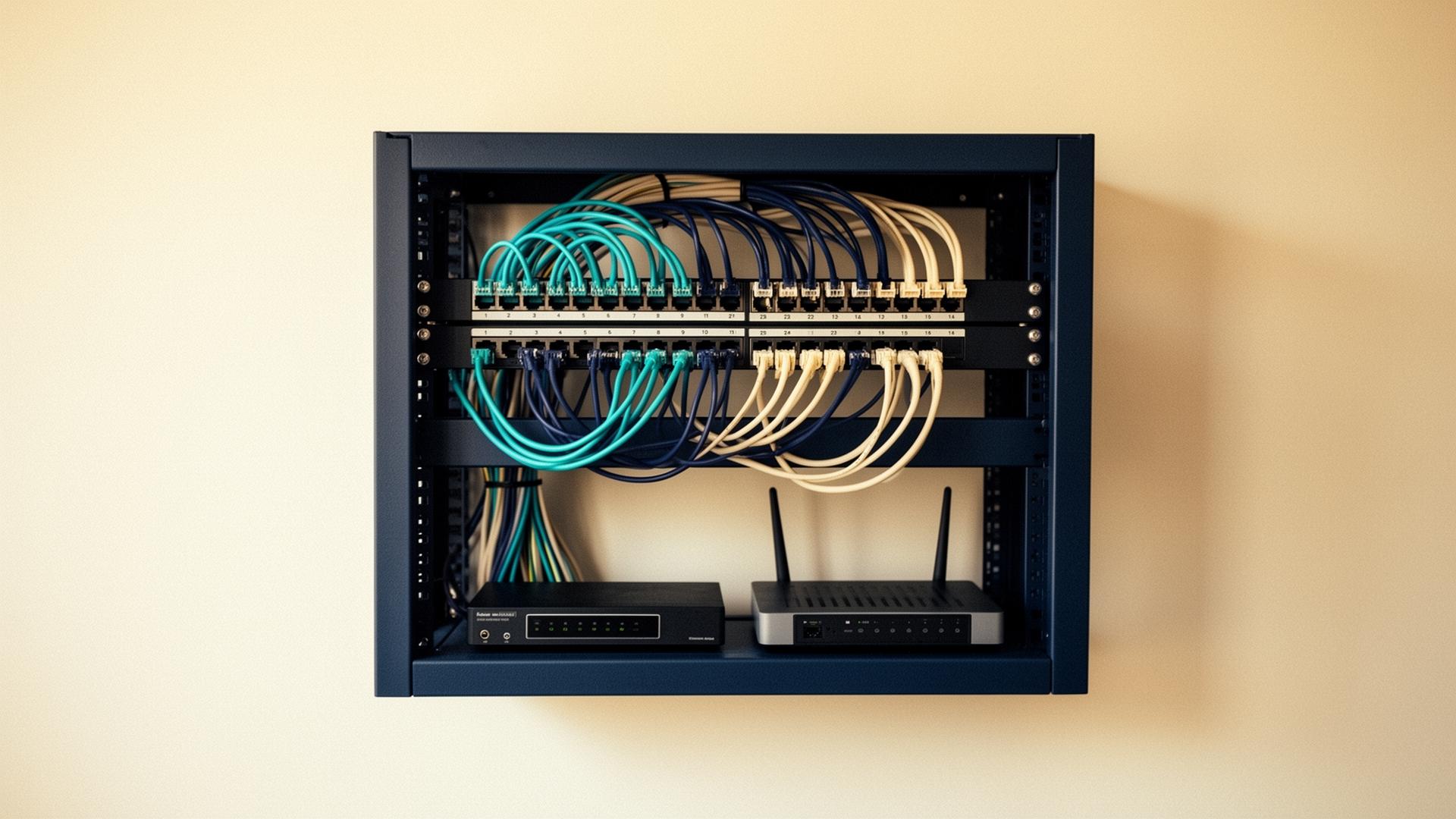 Wall-mounted network rack with patch panel and color-coded patch cables