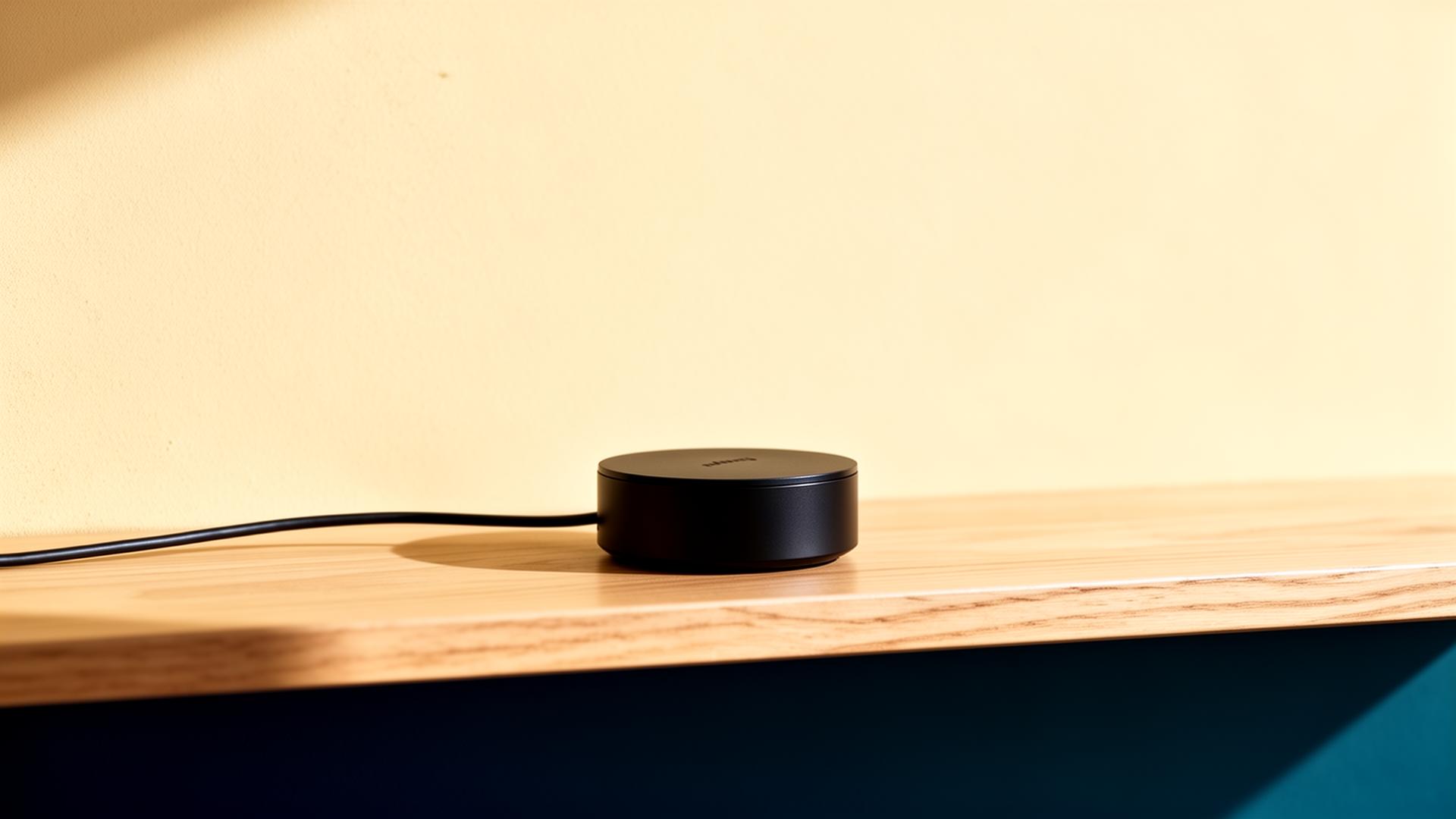 Compact router gateway on a wood shelf