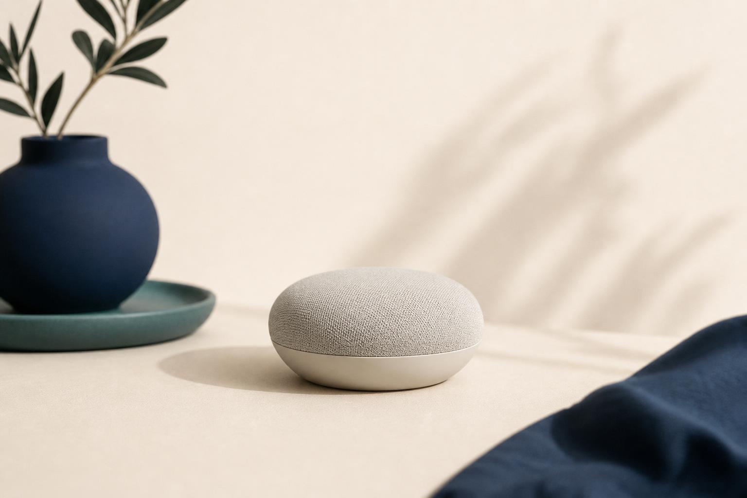 Minimalist smart speaker on a warm cream surface